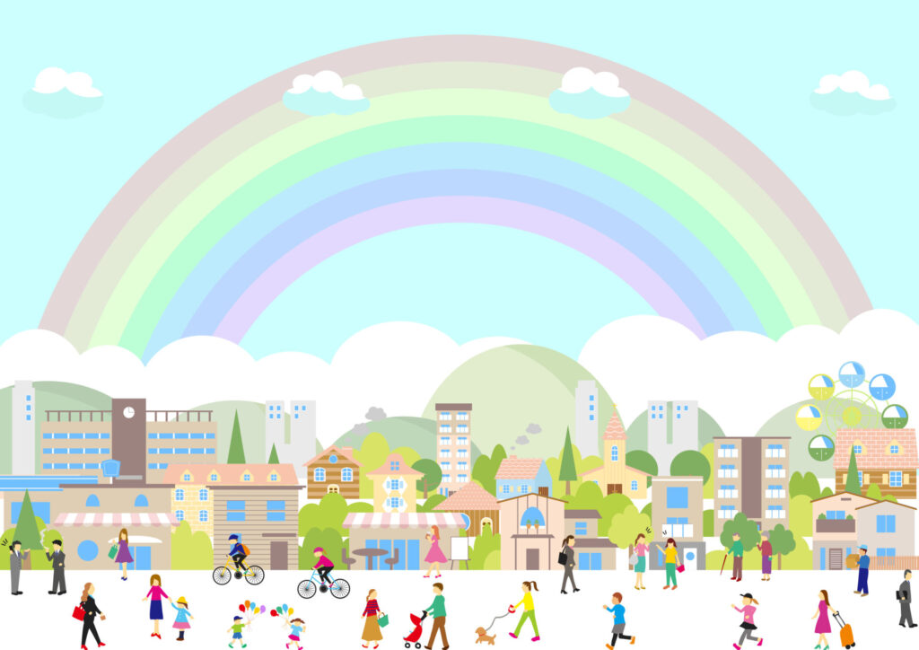 どのような人であっても多様性を受け入れ、福利厚生が充実して幸福感が充実した日々を過ごすイメージ